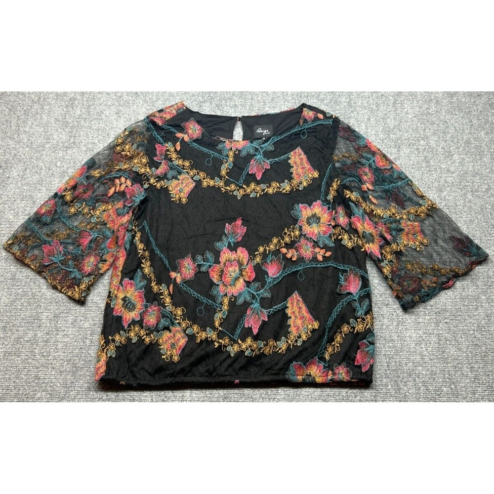 Beige by Eci Blouse Womens XL Black Multicolor Lined Floral 3/4 Bell Sleeve New